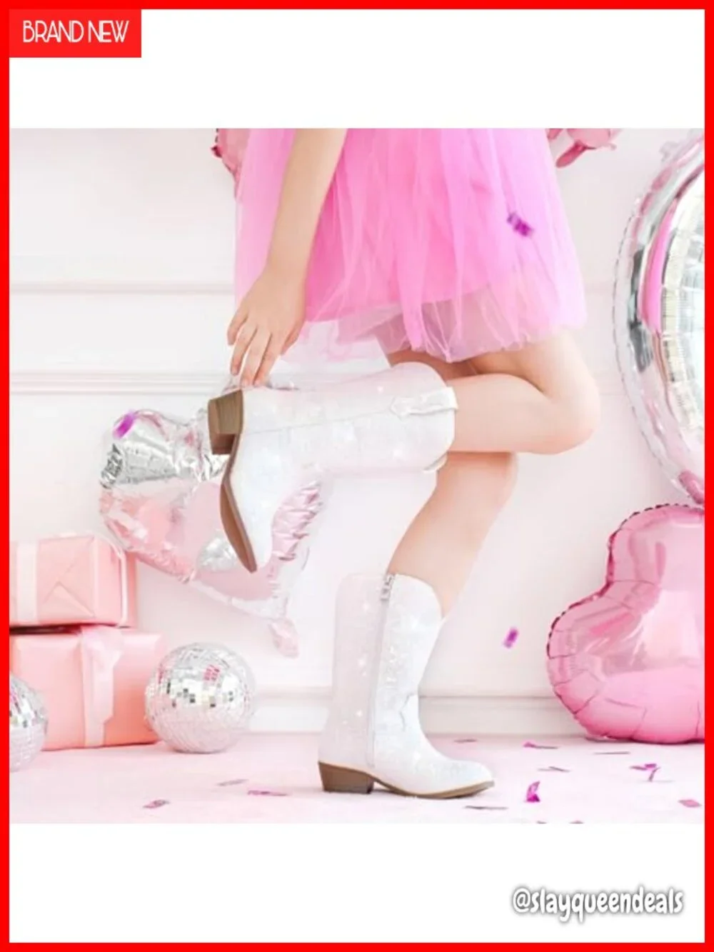 Girls Glitter Cowgirl Boots Pointed Toe Mid-Calf Block Heel